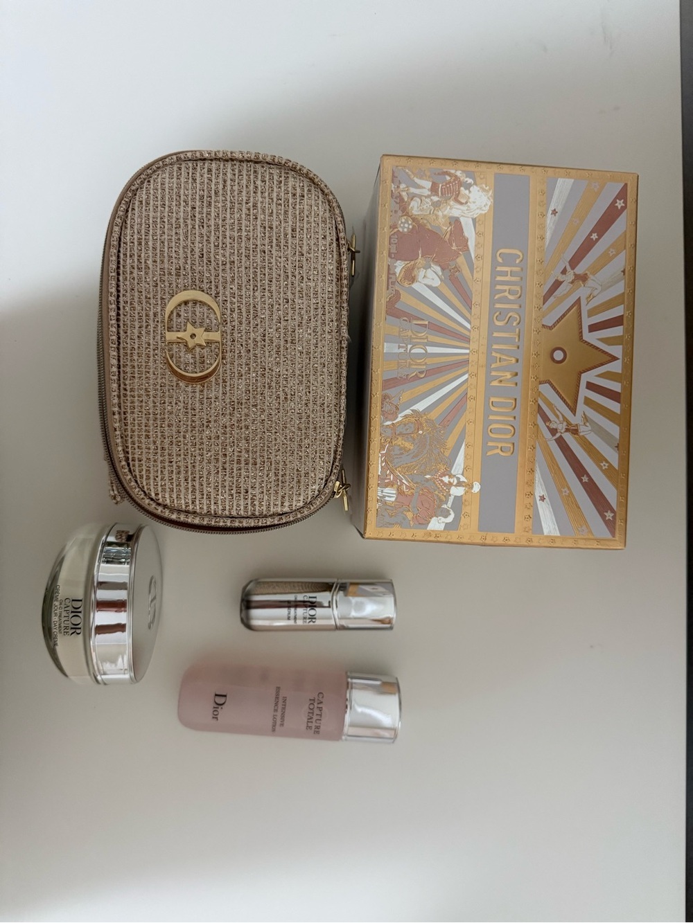 Dior Capture Skincare Set with gold woven Cosmetic Pouch